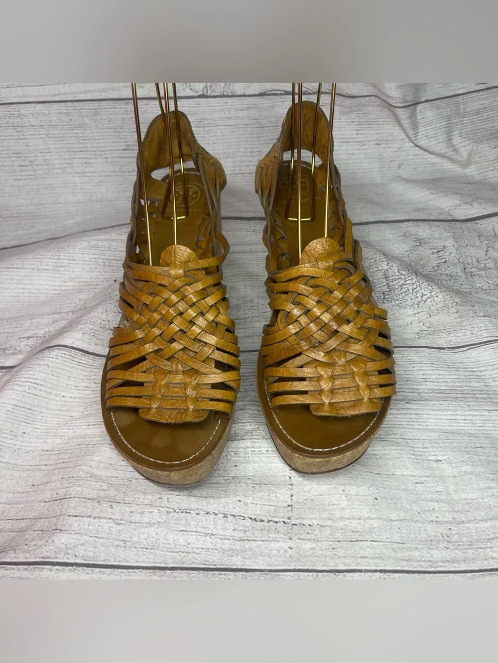 Tory Burch Women’s 11 Lottie Woven Leather Huarache Cork Wedge Sandals